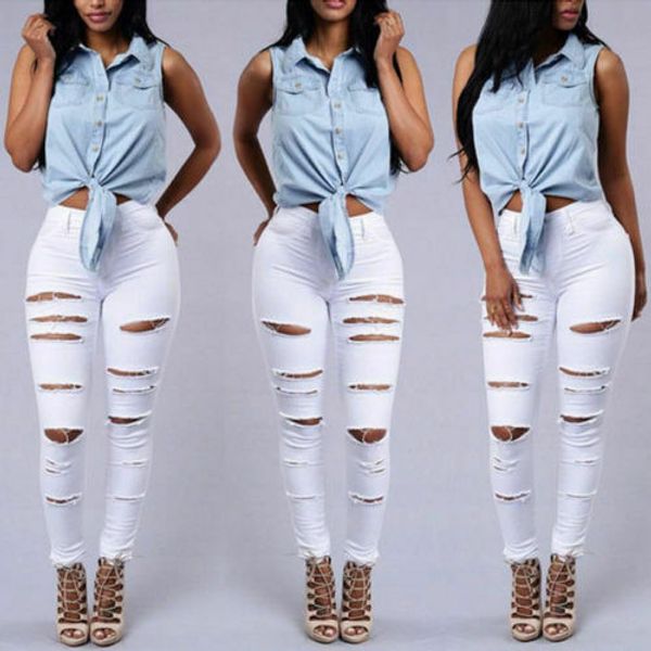

women's high waist denim pants distressed ripped skinny leg jeans long trouser, Blue