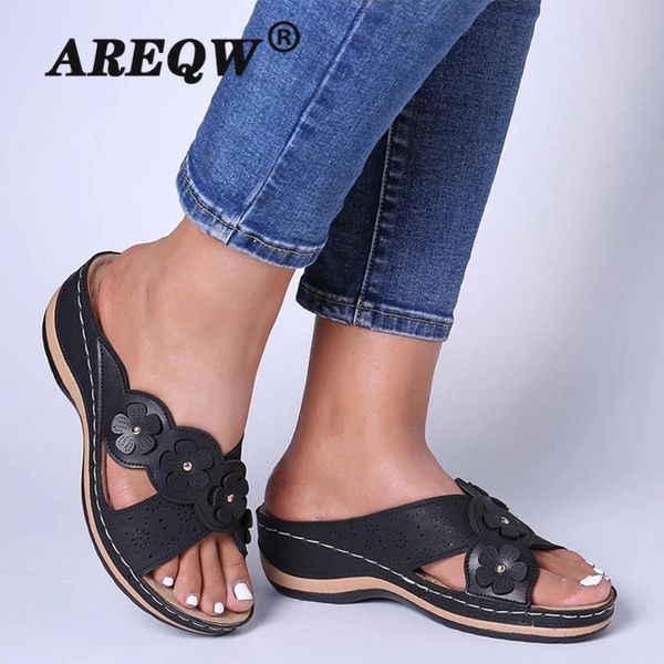 

women's slippers summer shoes wedge ladies flower slip on sewing casual shoe woman light female comfort platform slides 2020 new, Black