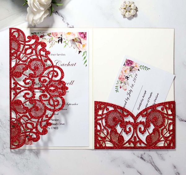 Red Glitter Wedding Invitations Luxurious Laser Cut Pocket