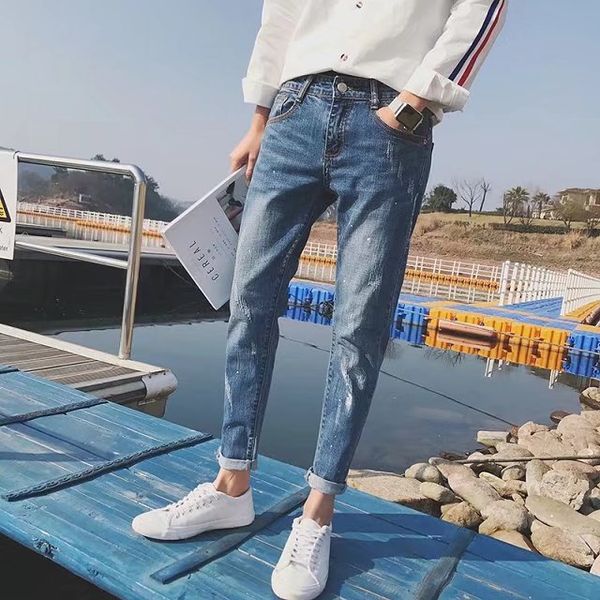 

men's jeans autumn summer denim casual teenagers ink jet hip hop slim feet korean trend hole beggar ankle length pants, Blue