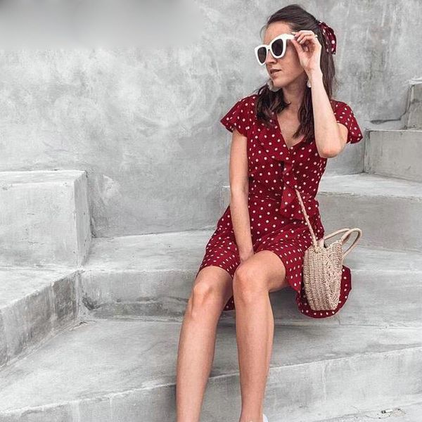 

woman dresses women clothing 2019 summer polka dot wrapped dress v neck mini dress slim bodycon vacation beach smocks korean fashion, Black;gray