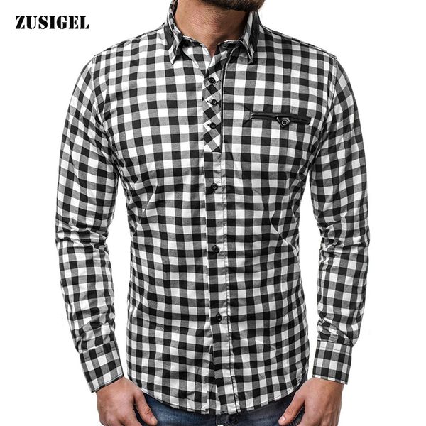 

zusigel 2019 new autumn loose black plaid shirt plaid patchwork single breasted collar casual shirt men long sleeve, White;black