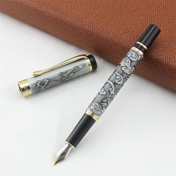 

jinhao 5000 vintage luxurious metal fountain pen beautiful dragon texture carving, gray color ink pen for office business