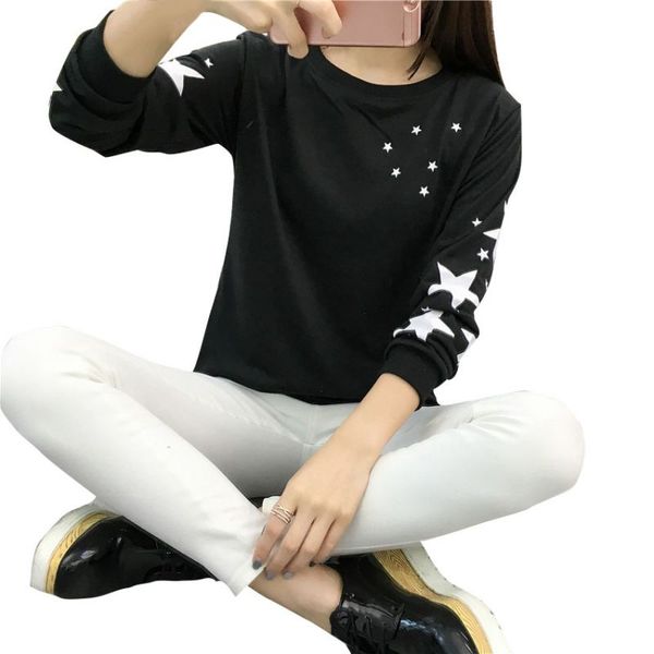 

winter girl hoodie embroidery star pattern cotton thick velvet warm round neck long sleeve hoodie sweatshirts, Black