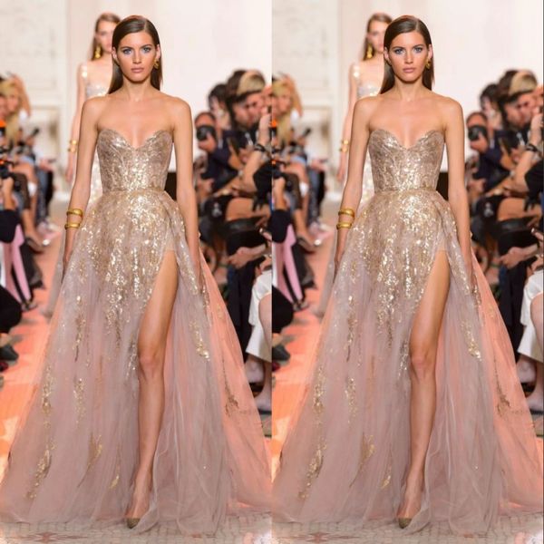 

elie saab side split evening gowns sparkly prom dresses sweetheart sequined shiny sweep train formal party dress custom robes de soirée, Black;red