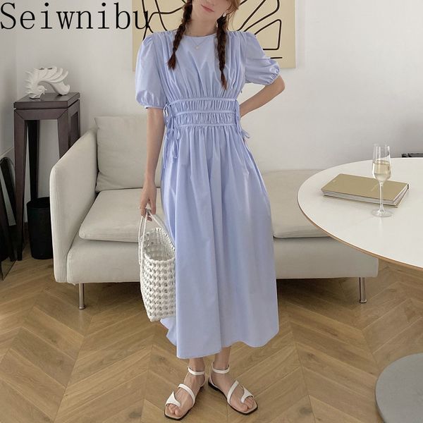 

elegant dresses for female o neck puff short sleeve high waist lace up drawstring ruched midi summer dress women fashion, Black;gray