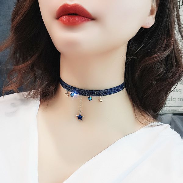 

bacolod star moon crystal neckband necklace for women 2020 fashion party office jewelry&accessories beauty blue choker necklace, Golden;silver