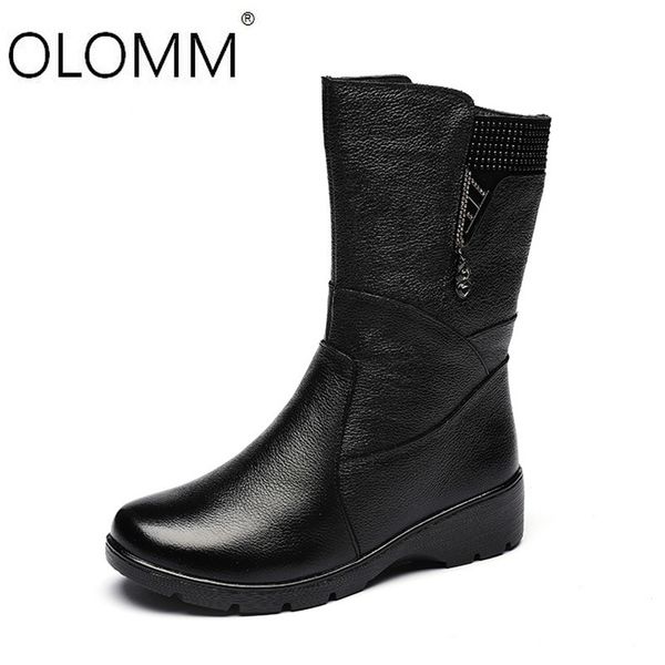 

2019 autumn and winter new women's boots round head leather mid tube women's boots wedge leather, Black