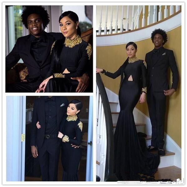 

2019 african americans vintage long sleeves evening dresses mermaid high neck black with gold appliques long prom gowns arabic, Black;red