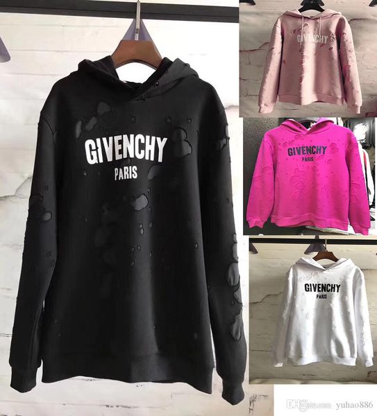 

high winter europe paris hoodie hoodeis sweatshirts pink white fashion men o-neck broken hole sweatshirt women hoodies jumpers, Black