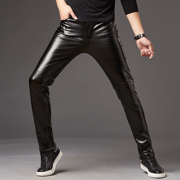 

men's pu leather trousers 2020 autumn casual tight skinny solid color pants stretch clubwear new arrival, Black