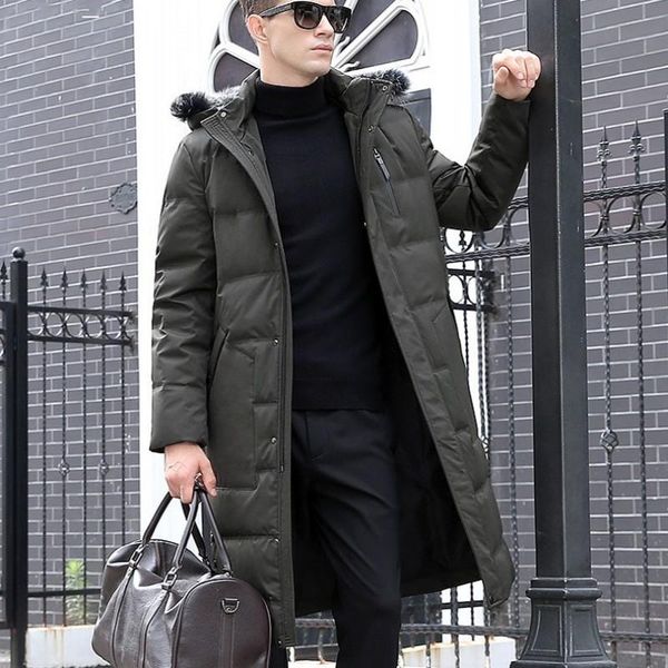 

высокое качество зимняя мужская пуховая длинная куртка меховой воротник толстые теплые мягкие парки повседневная slim fit толстовка пальто д, Black