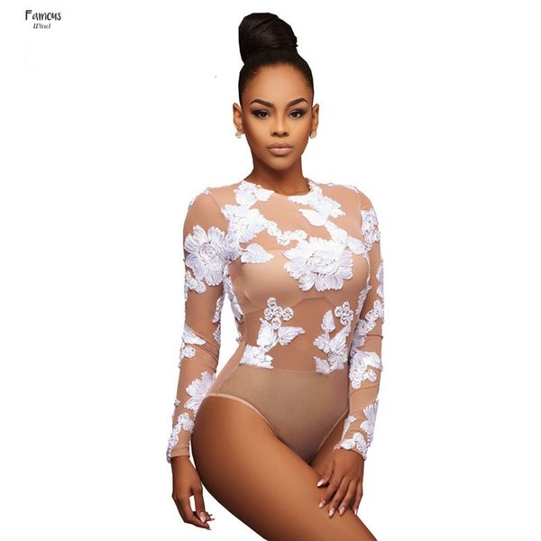 

sexy summer party bodycon комбинезон вышивки кружева bodysuit женщины 3d flower combinaison femme с длинным рукавом mesh bodysuit, Black;white