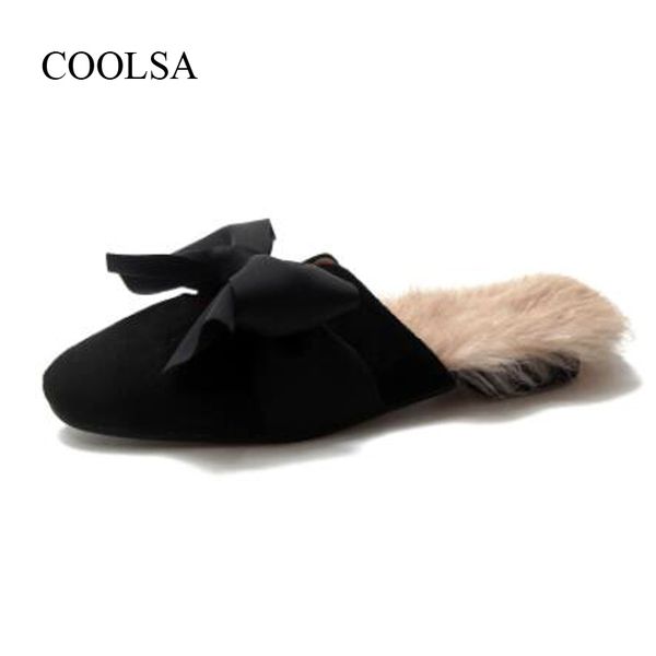 

coolsa women's fashion toe-covered slipper solid non-slip mules flat solid bow fur slippers ladies slippers sandals mule shoes, Black