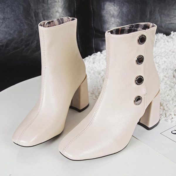 

retro women short boots solid button pointed toe shoes winter warm short plush inside buckles shoes ladies booties footwears new, Black