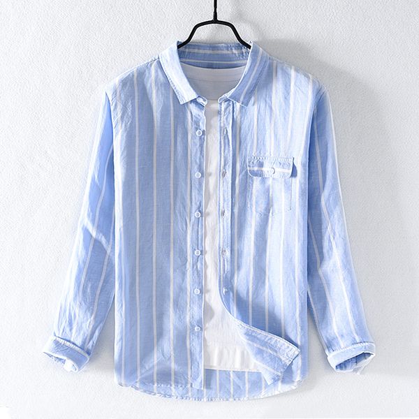 

italy striped linen shirts men brand fashion blue shirt for men casual comfortable shirt mens stripe shirts male spring overhemd, White;black