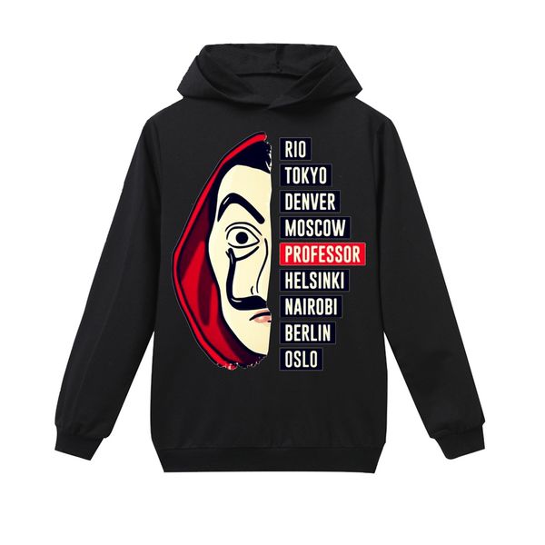 

designer spring cartoon hoodies sweatshirt kids boys girls teen kids long sleeve hooded money heist sweatshirt streetwear jacket 6-14 y, Black
