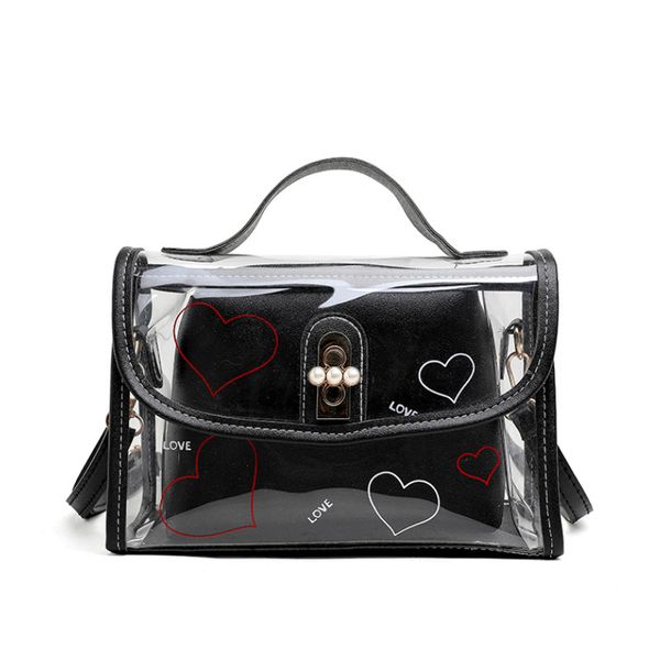 

2019 fashion heart letter print women shoulder bag transparent jelly pvc cross body messenger bag girls composite flap handbag