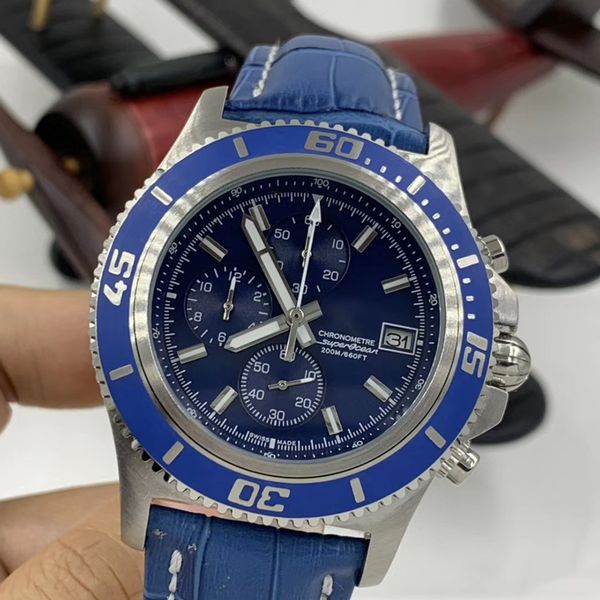 

wholesale 1884 superocean quartz chrono movement date mens watches blue leather band diver watch blue dial 660ft index hour wristwatches, Slivery;brown