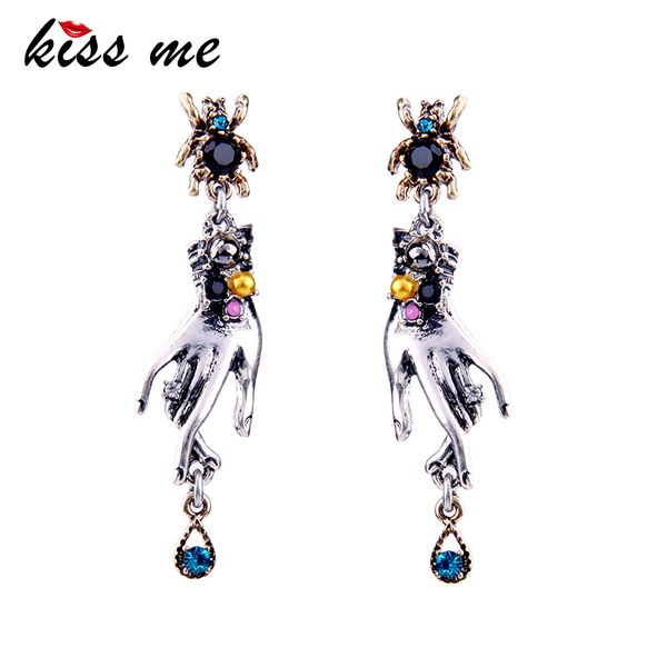 

kiss me personalized dangling hands spider long earrings antique silver color vintage jewelry women bijoux