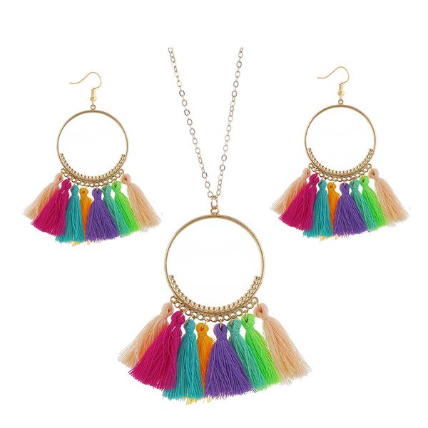 

vintage bohemian tassel necklace earrings set big circle pendant necklaces drop earrings new party dress jewelry sets for women, Silver