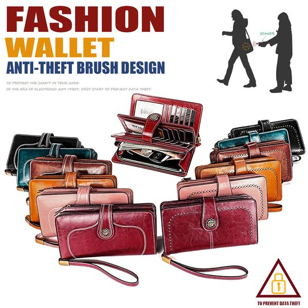 genuine leather wristlets long clutches fold over wallet rfid blocking zipper banknote coin pouches interior slot pocket cowhide purse gifts, Red;black