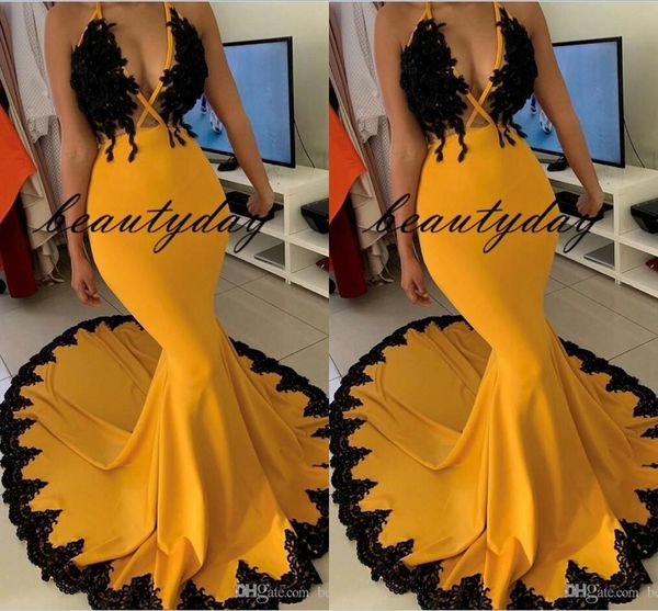 Sexy Daffodil Mermaid Prom Dresses Halter Pescoço Preto Applique Lace Formal varredura vestido árabe Dubai Train vestidos de noite ogstuff personalizado