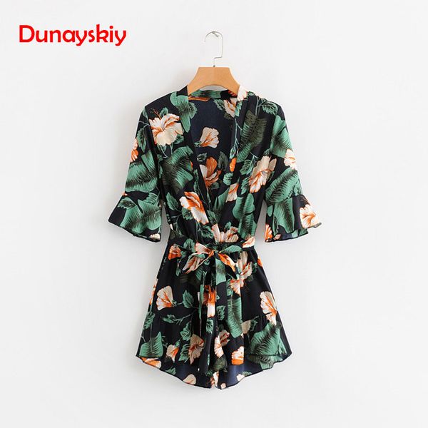 

flounce sleeve floral print surplice playsuits with belt women summer vocation three quarter floral v neck playsuits female, Black;white
