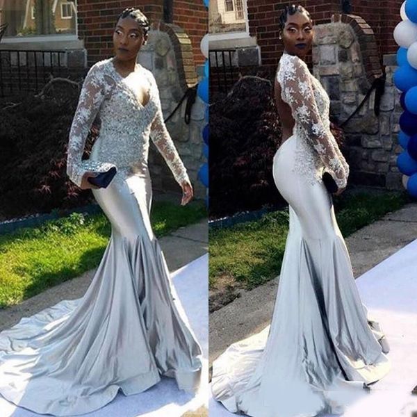 

silver gray new mermaid evening dresses deep v neck long sleeves lace appliques beads backless formal prom dresses evening gowns wear, Black;red