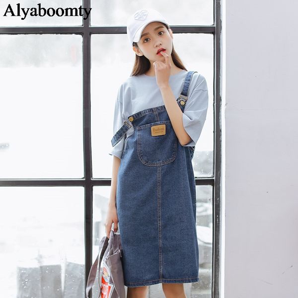 

korean preppy style women denim overalls suspenders blue pocket high waist girl's sundress elegant vintage all-match jeans dress, Black;gray