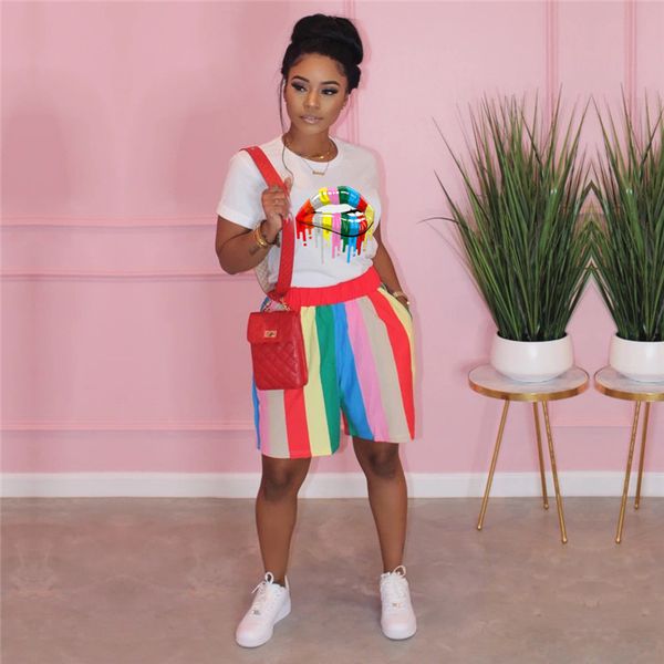 

lips print womens designer tracksuits fashion short sleeve womens 2pcs sets casual multi color females clothing, Gray