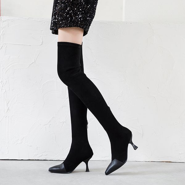 

2020 new high heels night club shoes woman winter female warm long boots women genuine leather over the knee high boots, Black