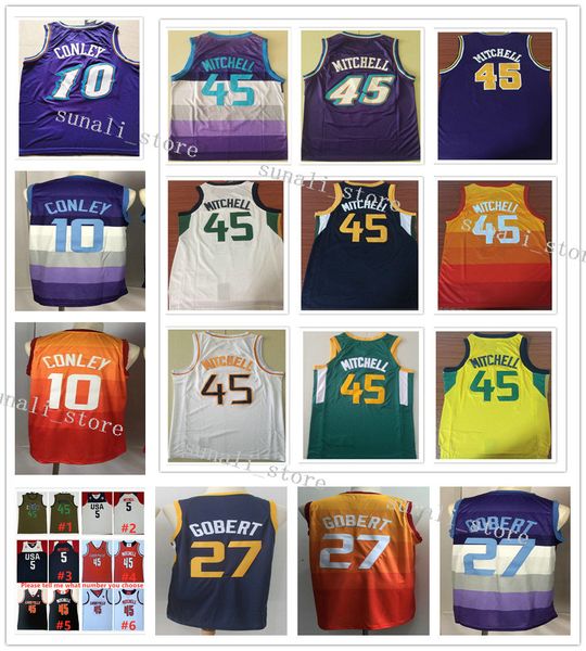 

sewed men donovan mitchell 45 rudy gobert 27 mike conley 10 jerseys basketball 2020 new purple white blue orange shirts, Black;red