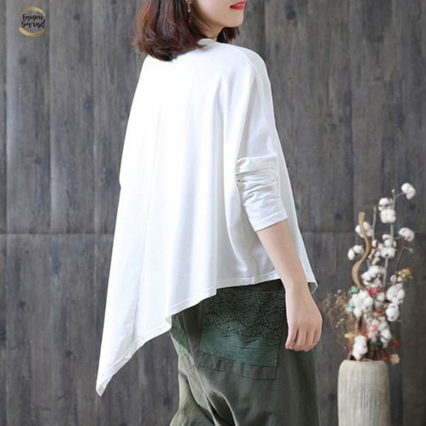 

2019 solid spring t shirts for women o neck batwing sleeve loose asymmetric hem oversize female korean fashion tide, White
