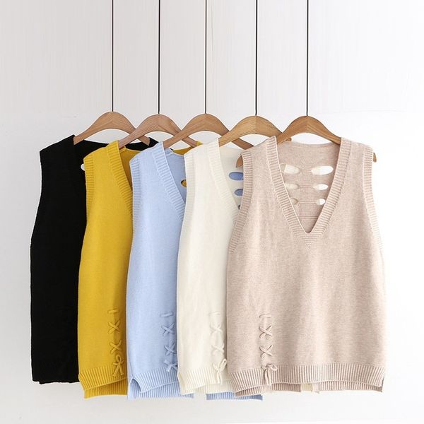 

christmas sweater pull femme nouveaute mori girls winter japanese style fresh v neck sleeveless hollow knitted vest knitwear, Black;white