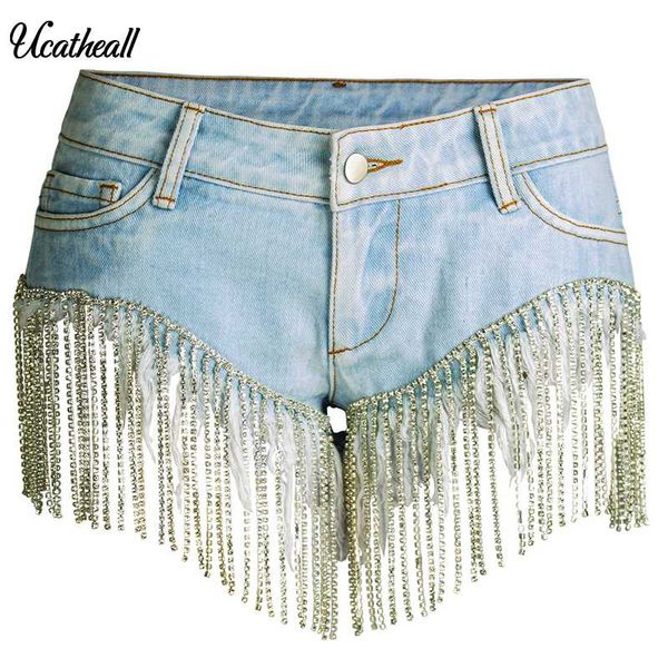 

tassels chain club shorts women's streetwear bling bling crystal fringe jean shorts women stylish ripped denim, Blue