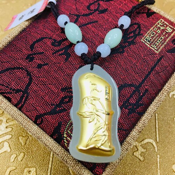 

send a-level certificate large section of natural hetian jade inlaid 24k gold bamboo pendant with handmade necklace, Silver