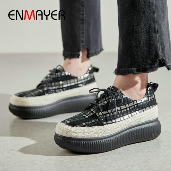 

enmayer 2020 pumps casual lace-up round toe fashion genuine leather high heels basic wedges women shoes size 34-42, Black