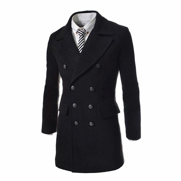 

2019 simple classic wool woolen windbreaker men's winter long solid color slim double-breasted woolen coat, Black