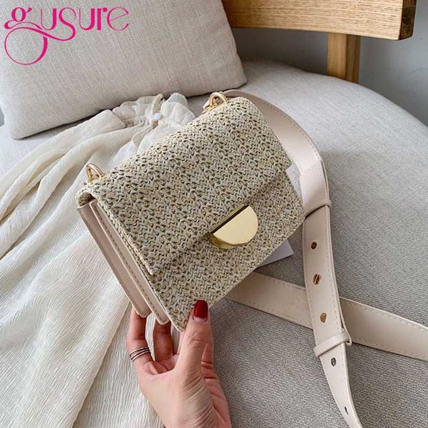 

gusure hand-woven straw bag bali rattan straw bags bohemia beach wicker crossbody bags square buckle handbags