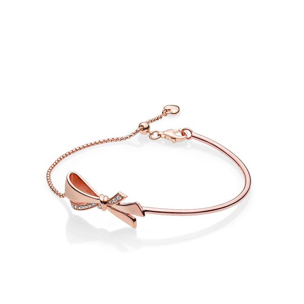 Damen-Armband mit CZ-Diamant, 18 Karat Roségold, brillantes Schleifenarmband, Originalverpackung für Pandora 925 Silber, Schleife, verstellbare Größe, Handketten-Armband-Set