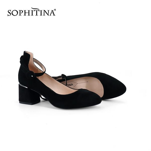 

sophitina comfortable buckle pumps lady elegant kid suede round toe shoes square heel solid shoes new pumps c246, Black