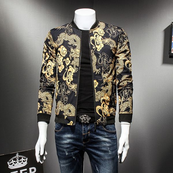 

dragon gold print spring autumn jacket hip hop fashion prom party club outfit men vintage jacket men bomber oversize 5xl, Black;brown
