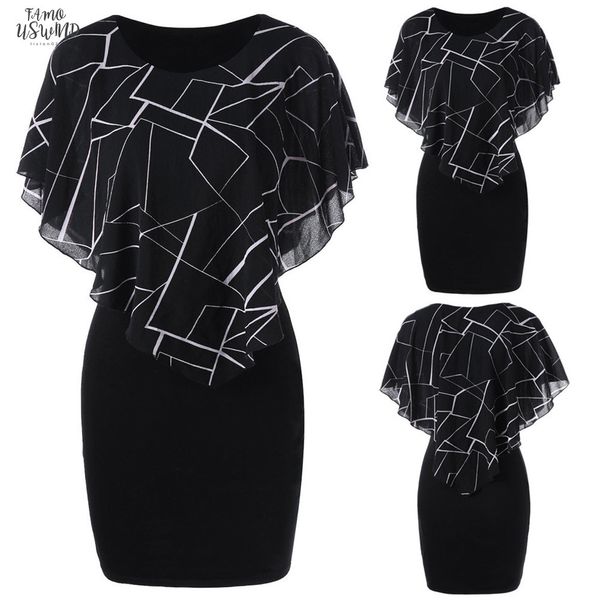 

elegant dress woman summer party dress fashion womens casual chiffon o neck robe ruffles mini tight plus size dress, Black;gray