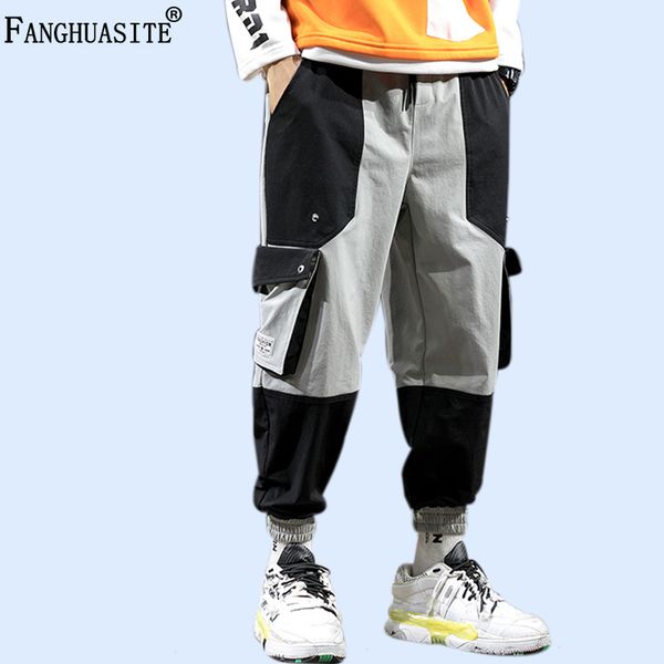 

men's casual pants contrast stitching fashion sweatpants polyester spring autumn harlan pants cargo men fk791, Black