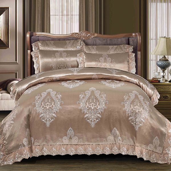 Blue Brown Satin Jacquard Luxury Bedding Set Queen King Size Lace