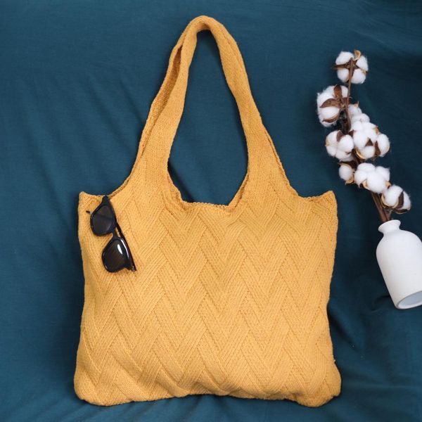 

повседневный большой емкости мешок мягкой шерсти 100% ручной сплошной цвет желто-зеленый кофе вязаная сумка женский бежевый открытый карман