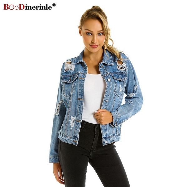 

boodinerinle streetwear denim jacket women casual loose hole jeans jacket women harajuku slim plus size spring 2019, Black;brown