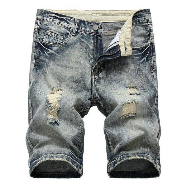 Shorts jeans para homens jeans verão vintage lavado rasgado envelhecido ajuste reto na altura do joelho shorts jeans casuais