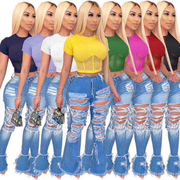 

richietrade women ribbed short sleeve skinny ribbed crop high elasticity teeshirt raised lines pattern 1, White